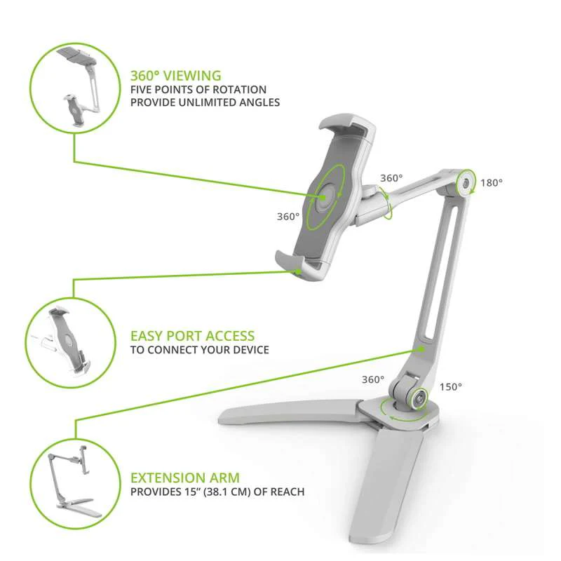 Kanto Universal Phone and Tablet Stand with Mounting Bracket / Folding Legs - White - Image 3